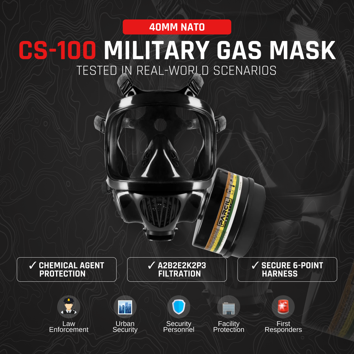 CS-100 Military Gas Mask with N-B-1 Defense Canister