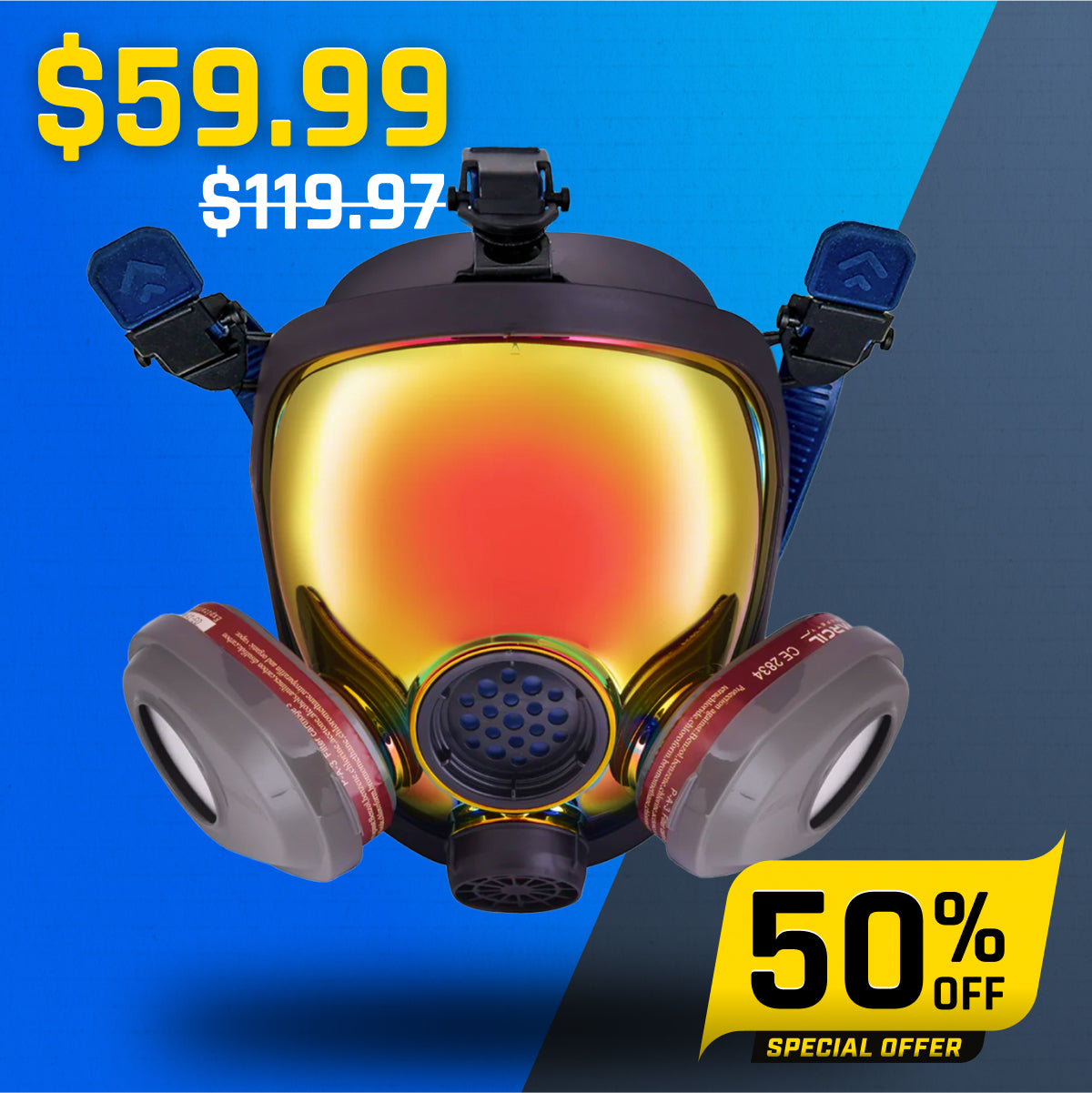 PD-101 Inferno Red Mirrored - Full Face Respirator Gas Mask with A1 Organic Vapor (OV) with P2 Particulate Filter Canister