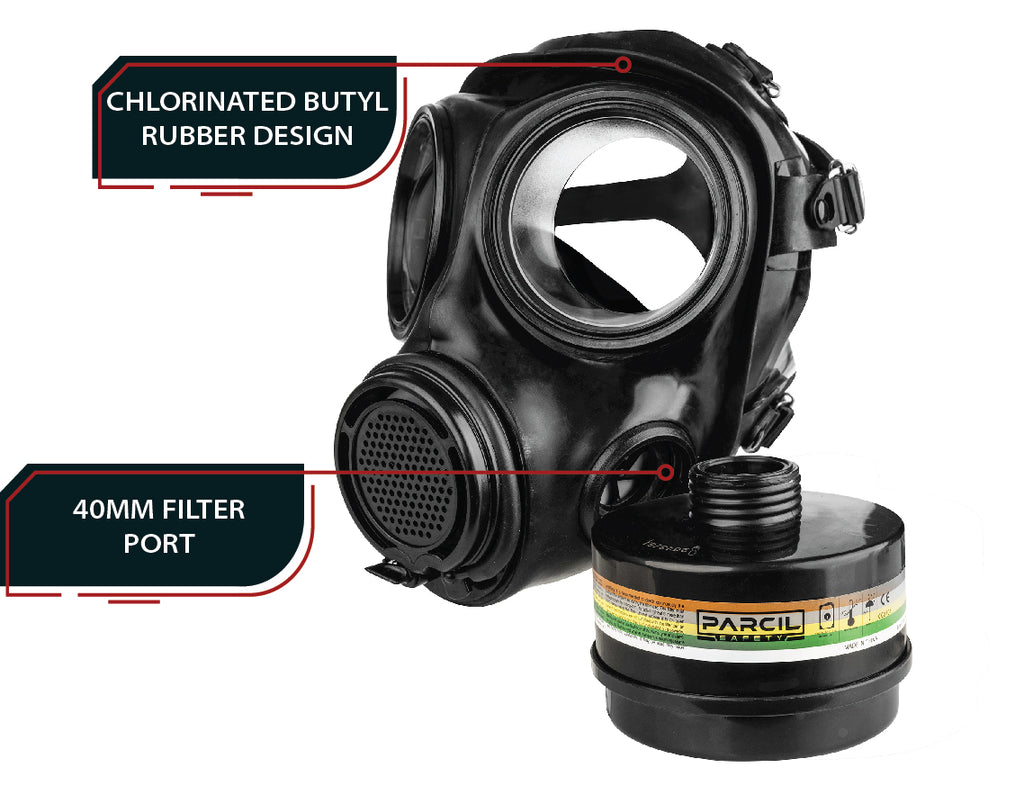 IIR-100 Recon Gas Mask - Full Face Butyl Rubber Gas Mask with N-B-1 40mm Defense Filter Canister