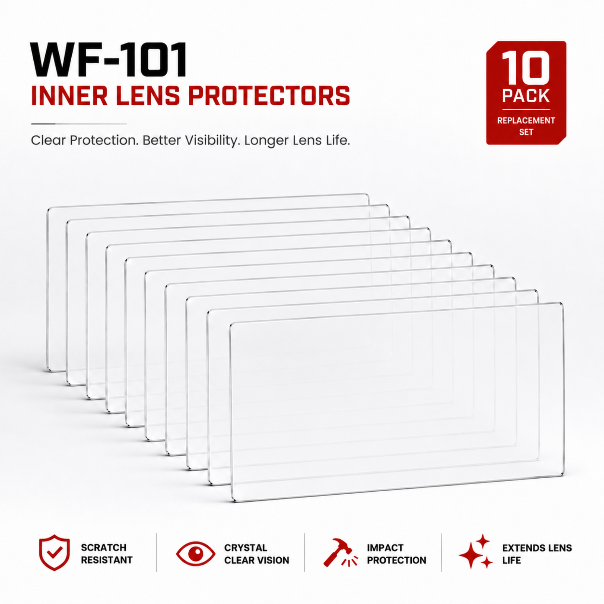 Packaging of WF-101 inner lens protectors with clear lenses on a white background.