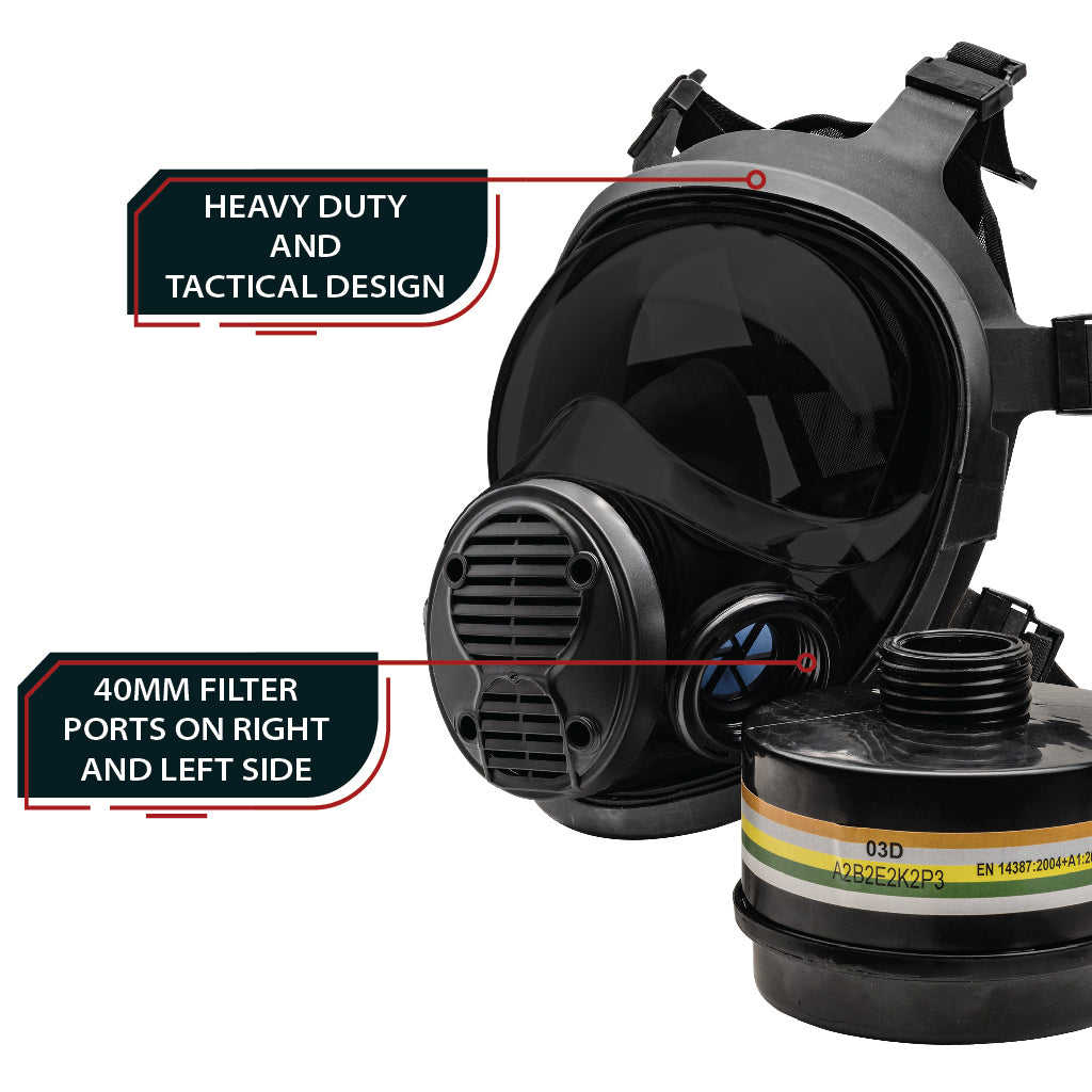 NB-100 Smoke Black Tactical Gas Mask - Full Face Respirator with 40mm Defense Filter