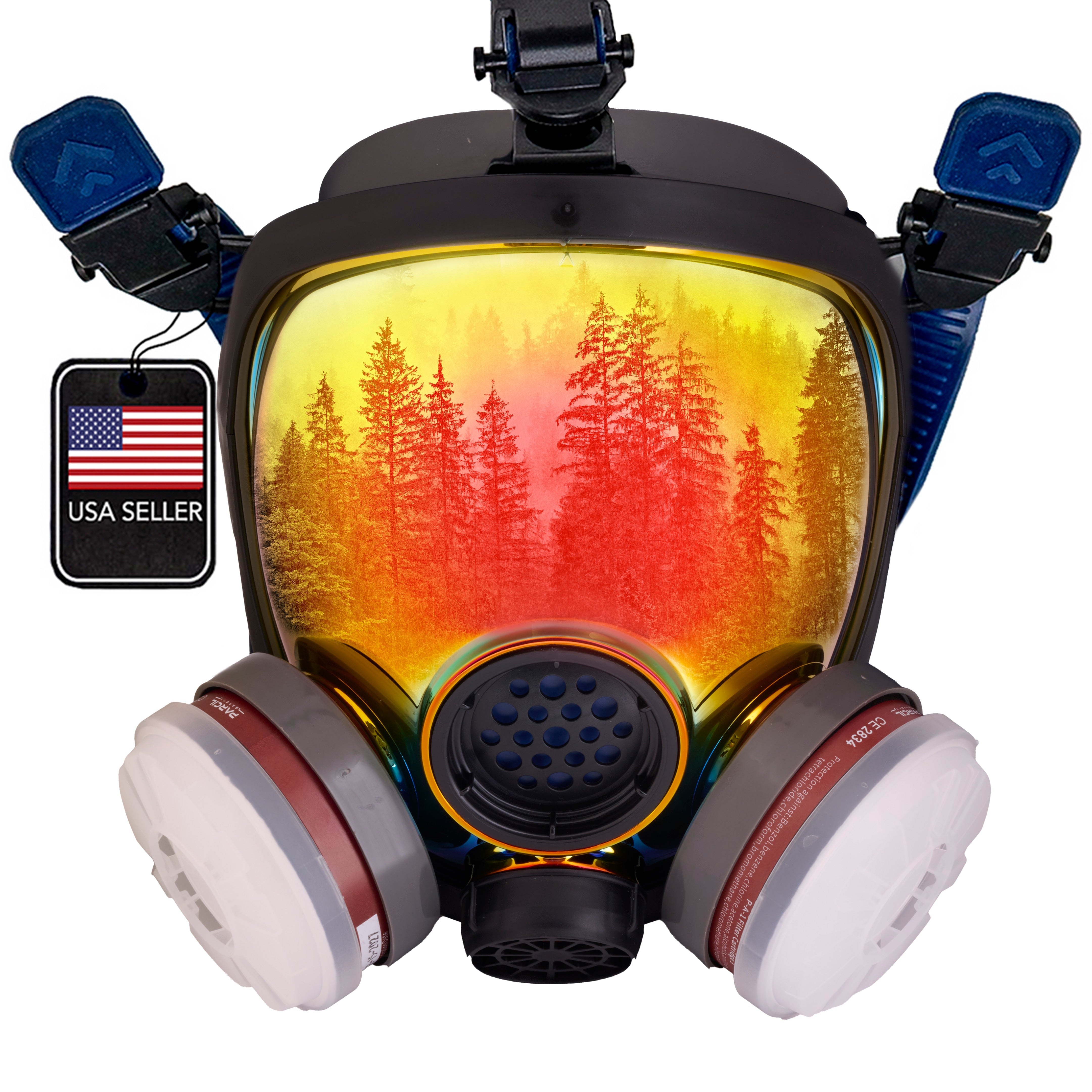 PD-100 Inferno Red - Full Face Respirator Mirrored Gas Mask with Organic Vapor and Particulate Filtration