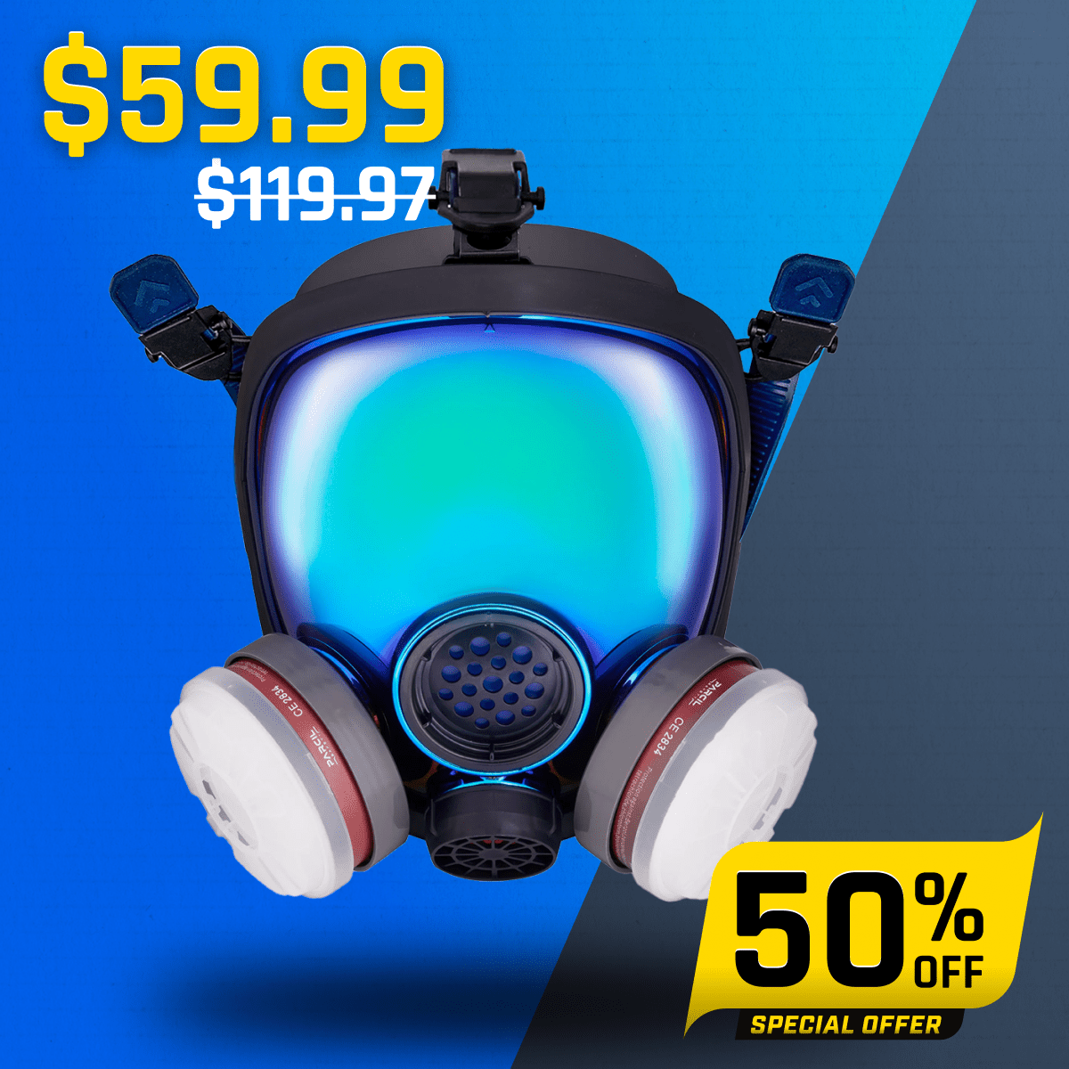 PD - 100 Arctic Blue - Full Face Respirator Mirrored Gas Mask with A1 Organic Vapor (OV) with P2 Particulate Filter Canister - Parcil SafetyRespiratorsRespiratorsParcil Safety