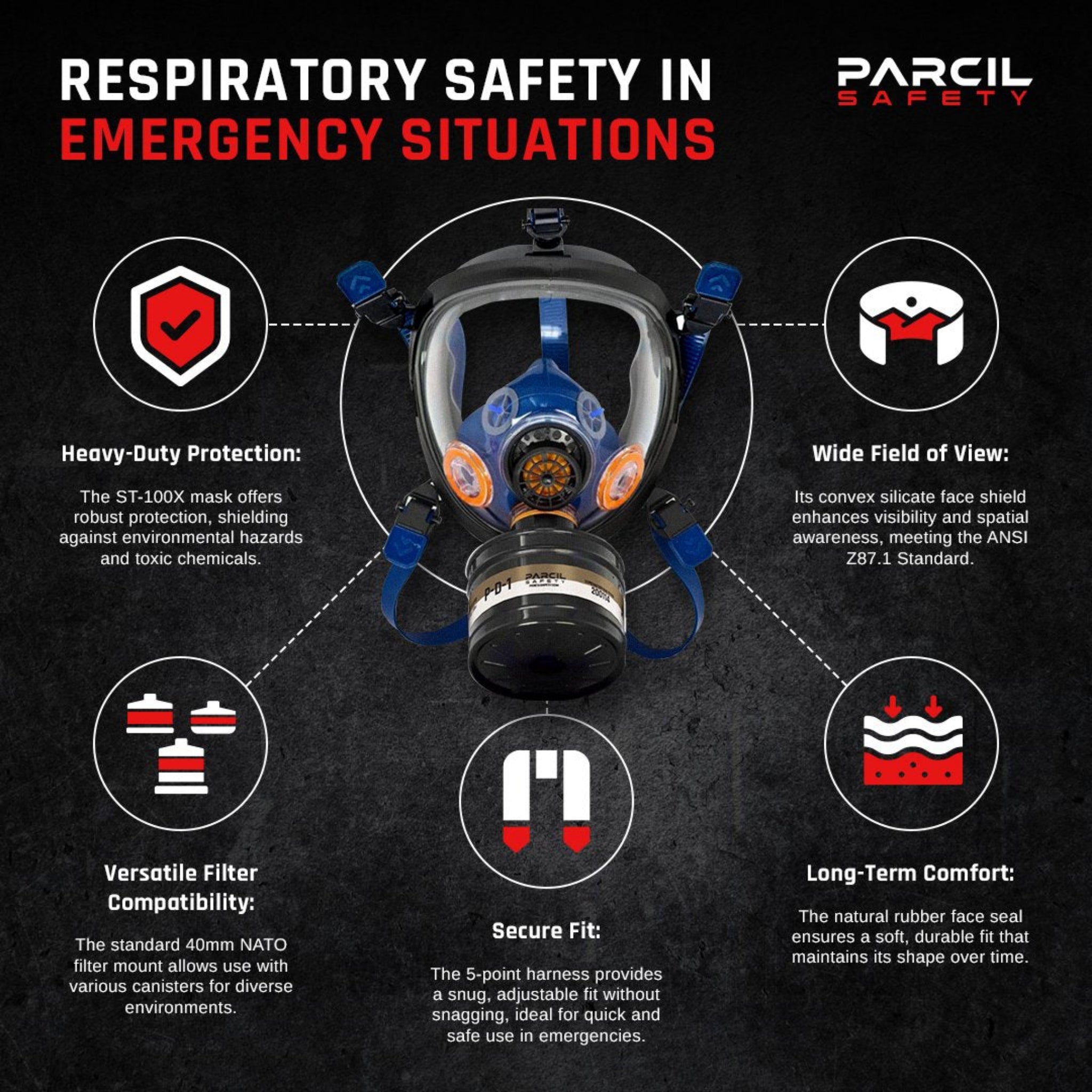 ST - 100X Full - Face Survival Gas Mask with Organic Vapor and Particulate Protection - Parcil SafetyGas MasksGas MasksParcil Safety